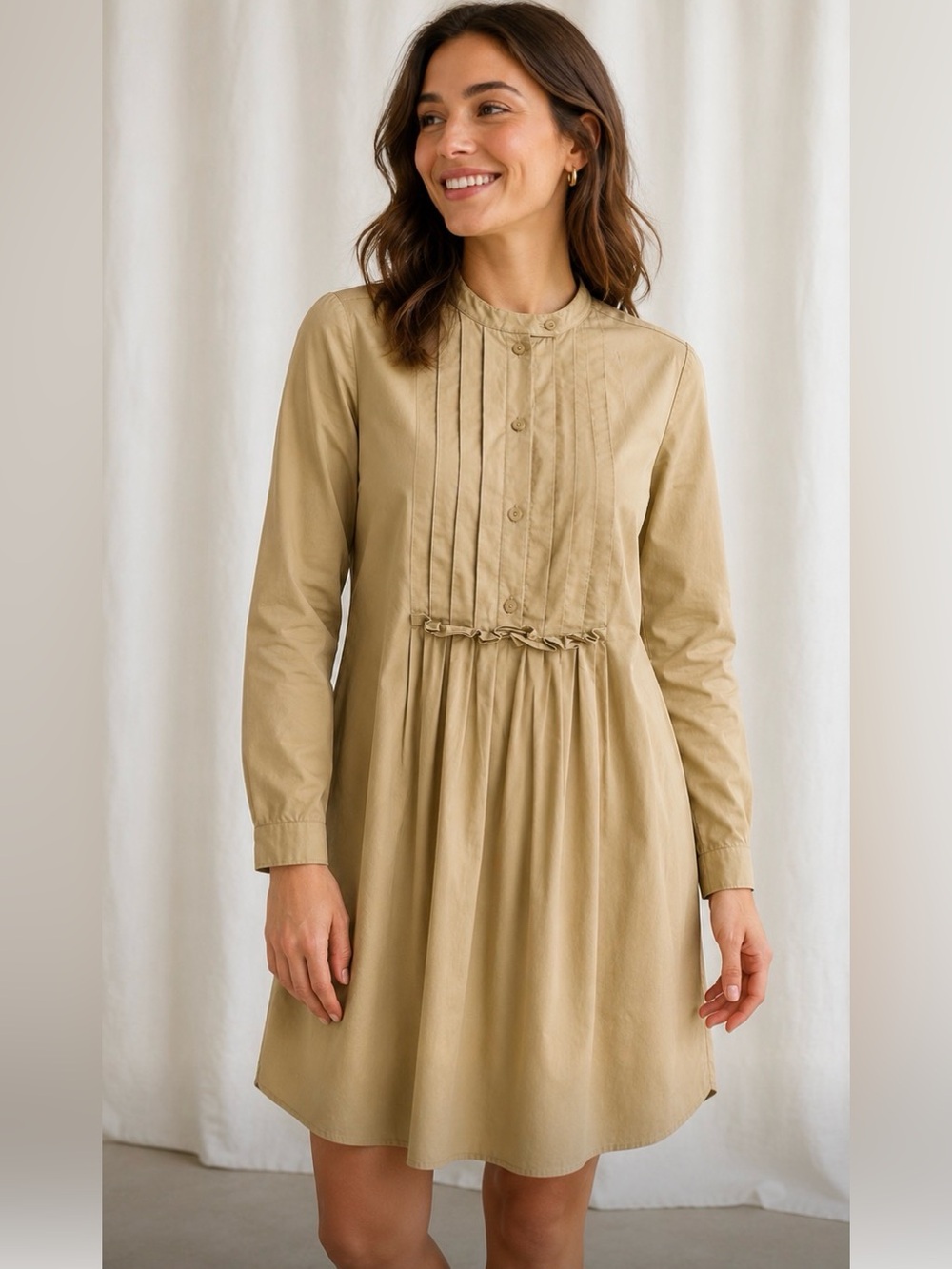 Carven Beige Long-Sleeve Pintuck Pleated Tunic Dress 38